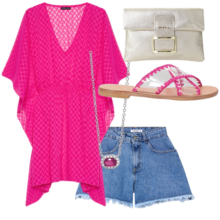 Outfit donna - Total look #2186123. Stile Casual chic per Mare. Abbinamento con sandali in pelle, shorts, collane, pochette, caftani.