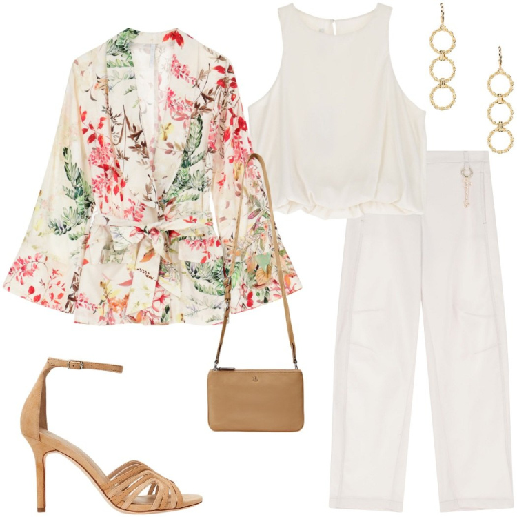 Outfit donna - Serata all\' aperto. Stile Chic per Serata fuori. Abbinamento con top, blazer, pantaloni, borse a tracolla, orecchini, sandali in pelle.