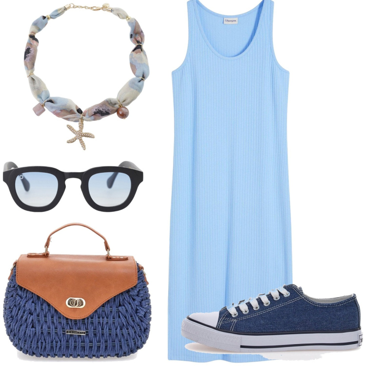 Outfit donna - Total look #2186127. Stile Casual per Tutti i giorni. Abbinamento con vestiti midi/longuette, occhiali da sole, collane, sneakers, borse a tracolla.