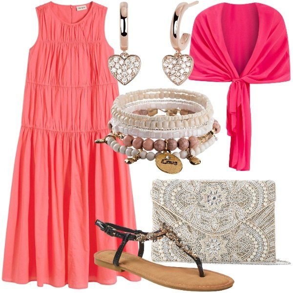 Outfit donna - Serata all’aperto con stile. Stile Glamour per Serata fuori. Abbinamento con pochette, braccialetti, vestiti lunghi, sandali gioiello, orecchini, scialli.