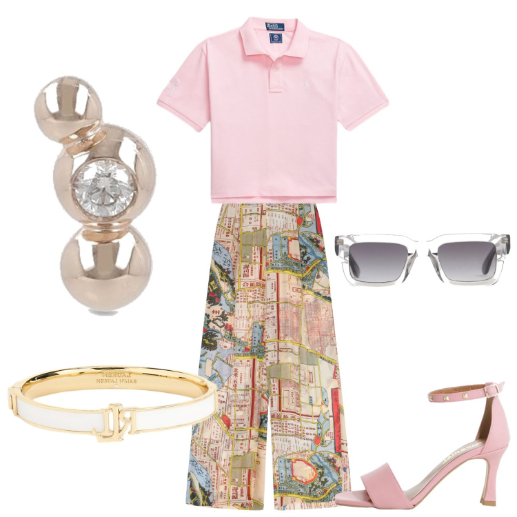 Outfit donna - Estate ma... elegante. per Serata fuori. Abbinamento con sandali col tacco, pantaloni a palazzo, braccialetti, polo, orecchini, occhiali da sole.