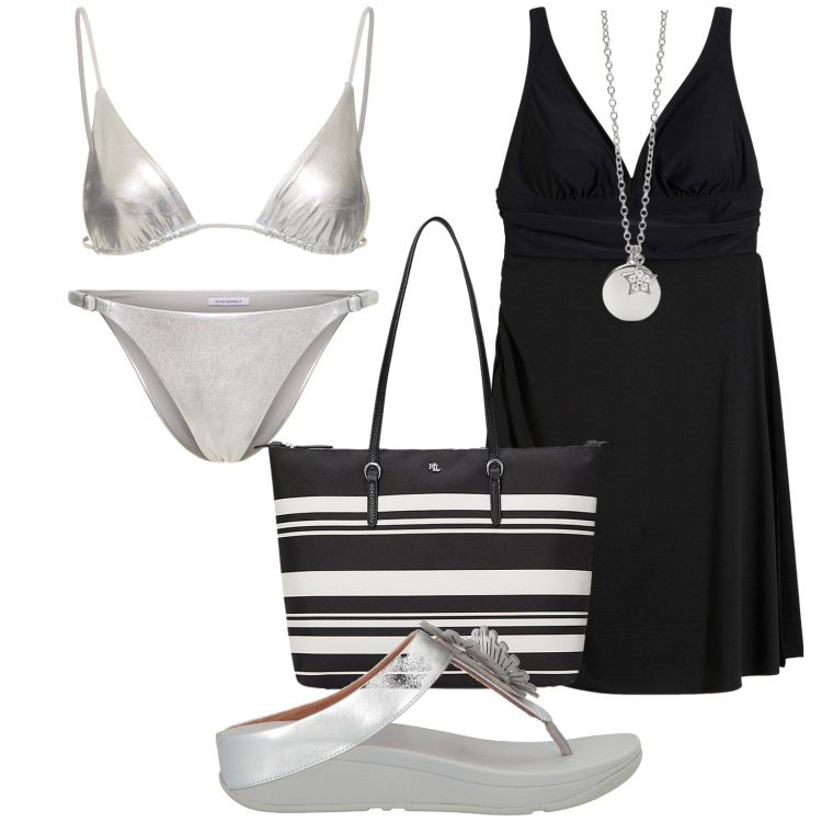 Outfit donna - Total look #2186133. Stile Casual chic per Mare. Abbinamento con vestiti da spiaggia, ciabatte, ciondoli, borse tote, bikini, bikini.