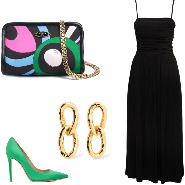 Outfit donna - Summer LVR. Stile Chic per Serata fuori. Abbinamento con vestiti midi/longuette, pochette, décolleté, orecchini.