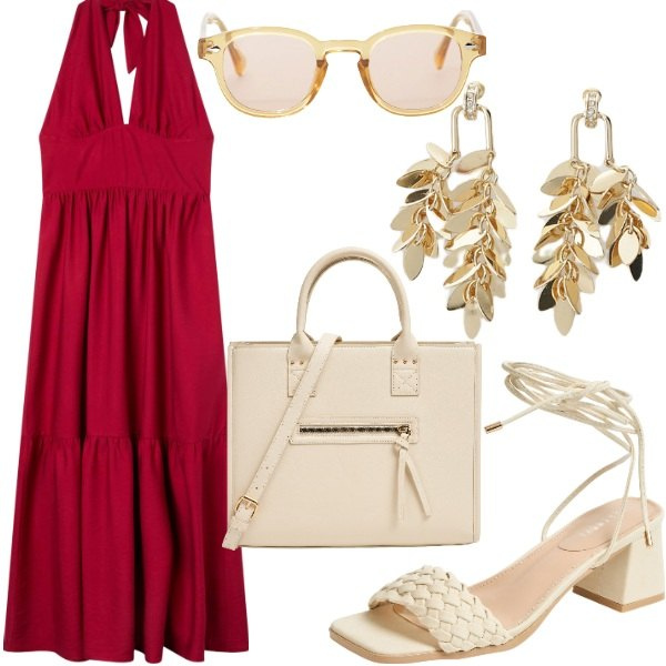 Outfit donna - Un abito per giugno. Stile Chic per Serata fuori. Abbinamento con shopping bag, vestiti lunghi, sandali alla schiava, occhiali da sole, orecchini.