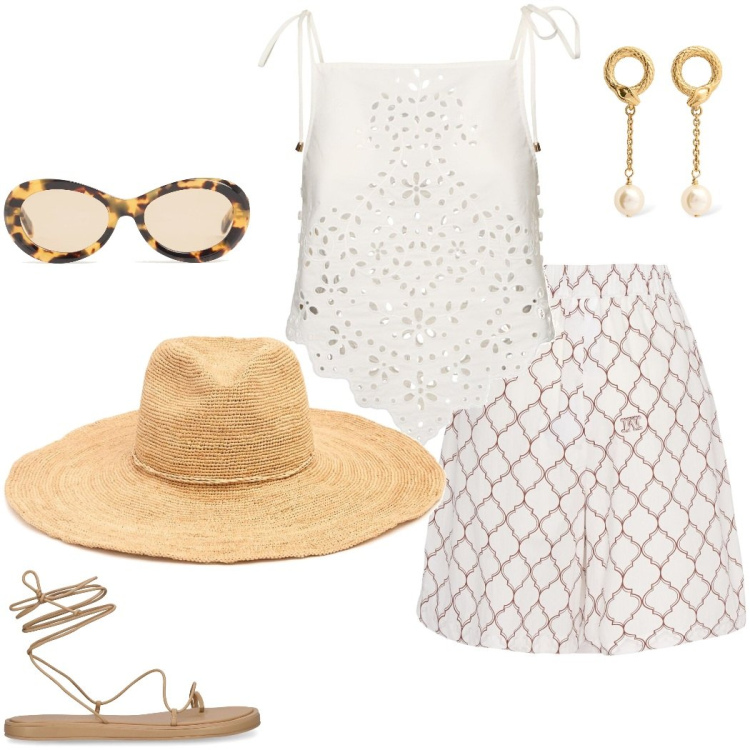 Outfit donna - Summer LVR. Stile Chic per Mare. Abbinamento con shorts, top, cappelli, sandali in pelle, orecchini, occhiali da sole.