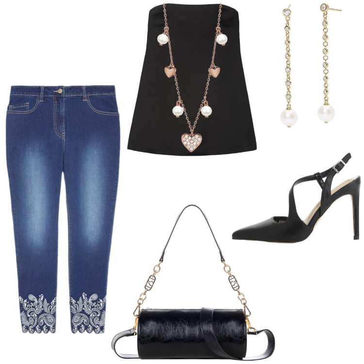 Outfit donna - Femminili in jeans. Stile Sexy per Serata fuori. Abbinamento con collane, orecchini, borse a mano, décolleté, jeans skinny, top.