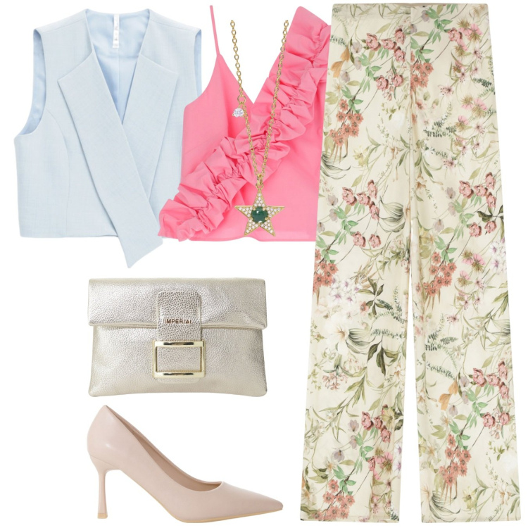 Outfit donna - Impérial Vocation. Stile Chic per Cerimonia. Abbinamento con collane, pantaloni, top, décolleté, gilet, pochette.