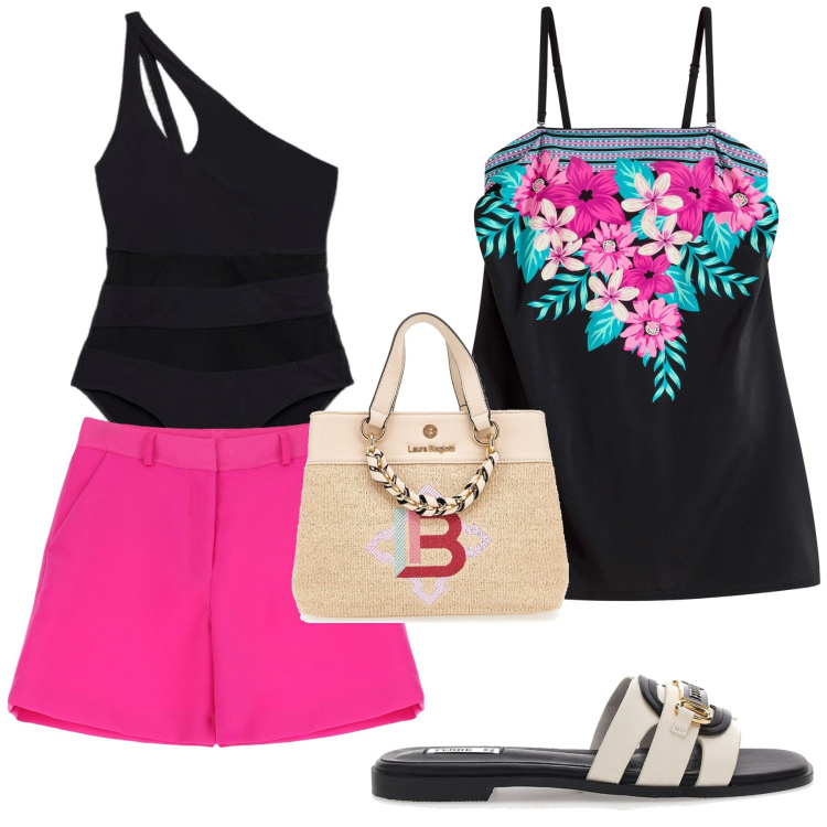Outfit donna - Estate in fantasia. Stile Casual per Mare. Abbinamento con vestiti da spiaggia, shorts, ciabatte, costumi interi, borse a mano.