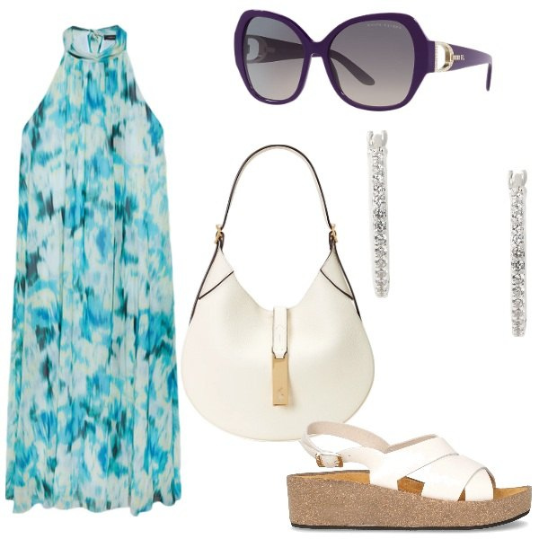 Outfit donna - Look personale. Stile Glamour per Serata fuori. Abbinamento con borse a spalla, occhiali da sole, orecchini, vestiti lunghi, sandali.