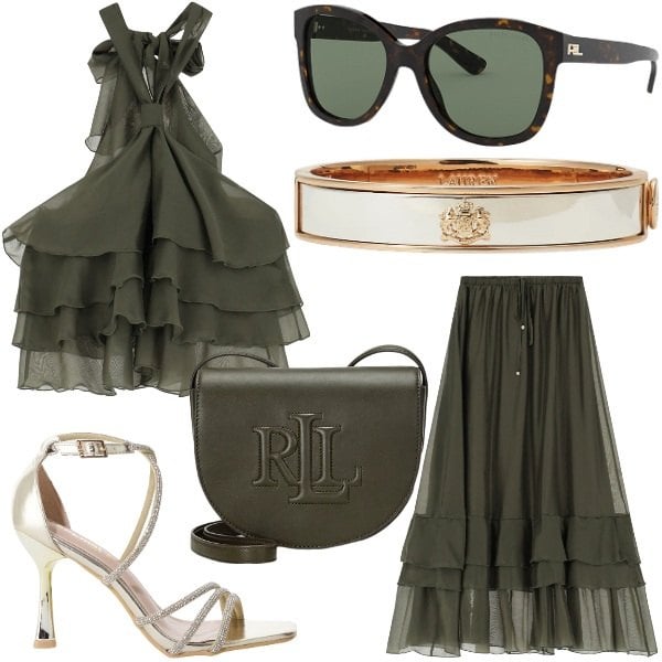 Outfit donna - The Art of Vacation Imperial. Stile Glamour per Serata fuori. Abbinamento con gonne lunghe, top, sandali col tacco, braccialetti, occhiali da sole, borse a tracolla.