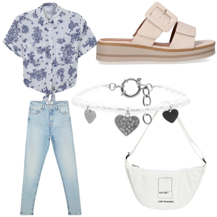 Outfit donna - Pomeriggio no stress. Stile Casual per Tutti i giorni. Abbinamento con marsupi, jeans skinny, camicie, braccialetti, ciabatte.