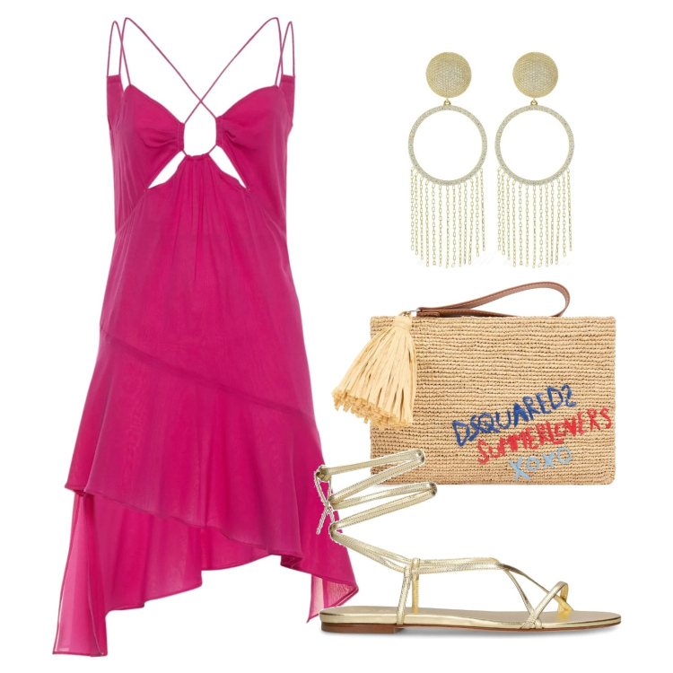 Outfit donna - Abito in georgette!. Stile Trendy per Serata fuori. Abbinamento con vestiti, sandali in pelle, orecchini, pochette.