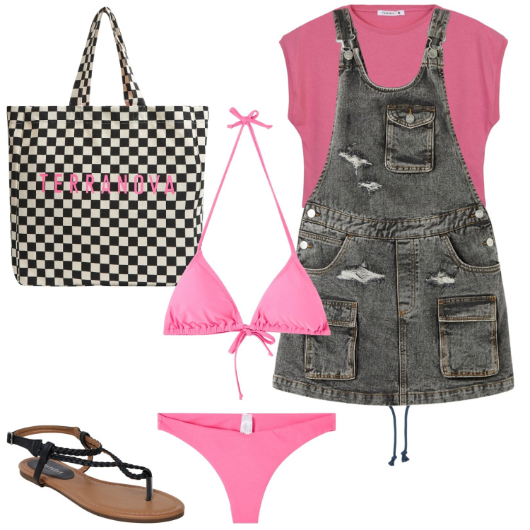 Outfit donna - Pronta per il mare con 63 €. Stile Casual per Mare. Abbinamento con ciabatte, bikini, t-shirt, bikini, salopette, shopping bag.