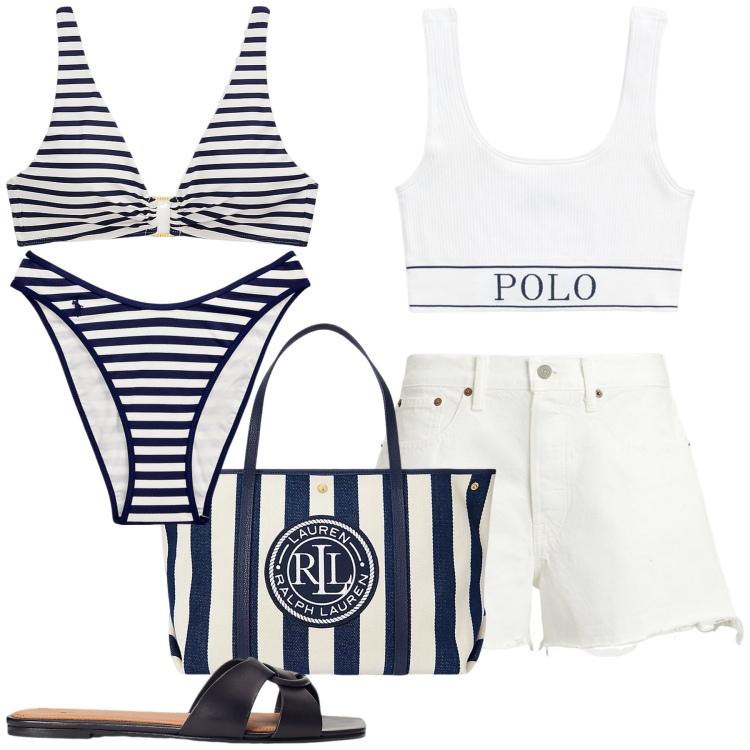 Outfit donna - Sopra le righe. Stile Basic per Mare. Abbinamento con canottiere, borse tote, bikini, shorts, bikini, ciabatte.