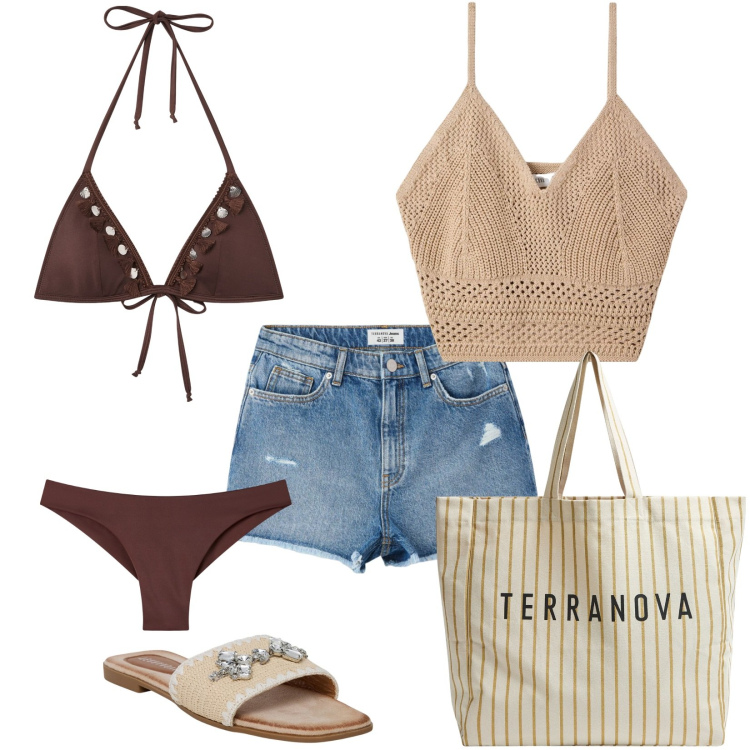 Outfit donna - Pronta per il mare con 70 €. Stile Casual per Mare. Abbinamento con bikini, shorts, top, ciabatte, bikini, borse tote.