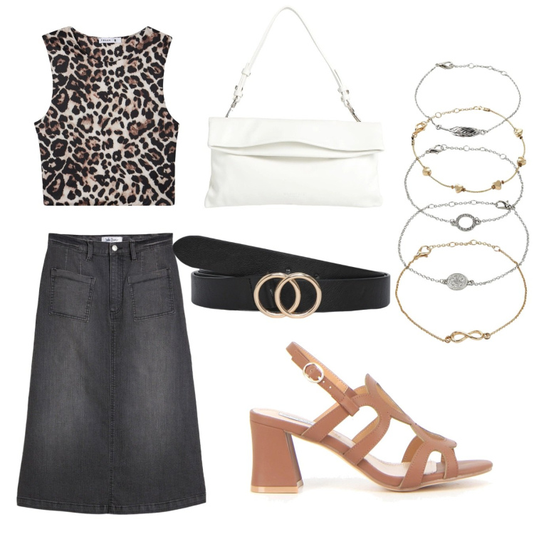 Outfit donna - Serata a cena fuori. Stile Casual chic per Serata fuori. Abbinamento con gonne longuette, braccialetti con ciondoli, borse a mano, top, cinture, sandali col tacco.