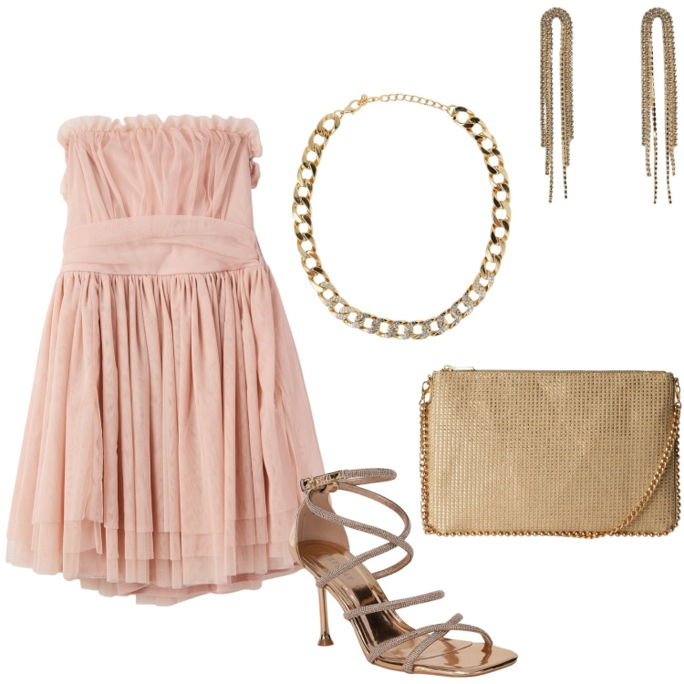 Outfit donna - Pronta per la serata con 68 €. Stile Chic per Serata fuori. Abbinamento con vestiti corti, borse a tracolla, sandali col tacco, collane, orecchini.