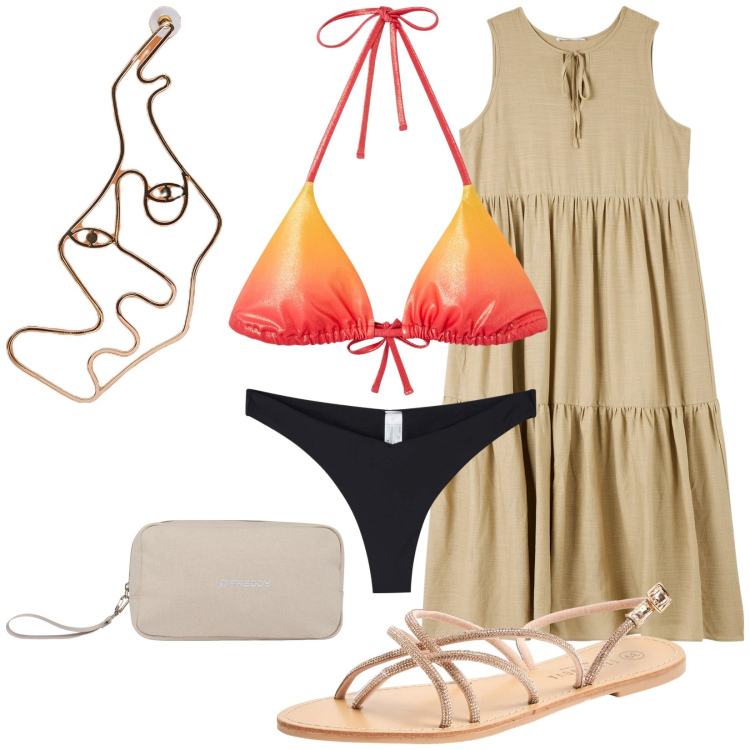 Outfit donna - Total look #2186171. Stile Casual per Mare. Abbinamento con sandali, bikini, bikini, vestiti senza maniche, valigie, orecchini.