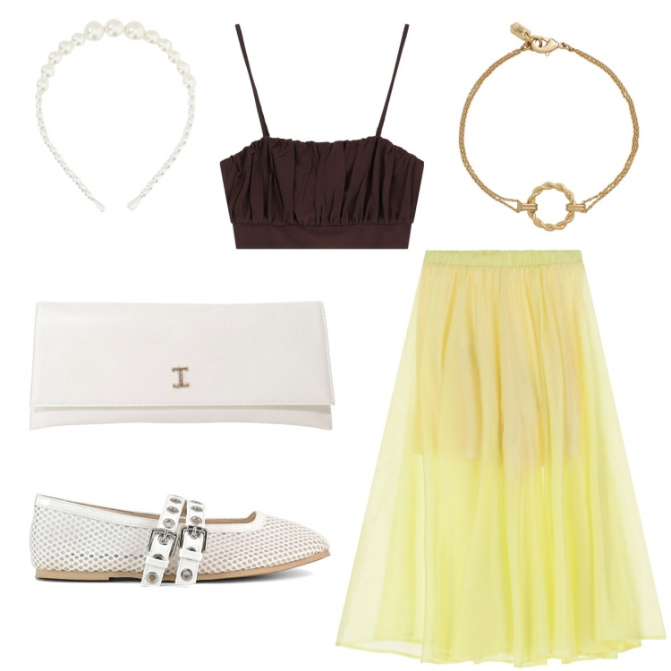 Outfit donna - Al saggio di danza con Imperial. Stile Rock per Serata fuori. Abbinamento con pantaloni, top, pochette, cerchietti, braccialetti, ballerine.