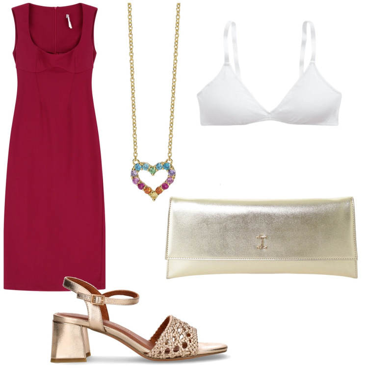 Outfit donna - Imperial Summer. Stile Bon Ton per Serata fuori. Abbinamento con collane, vestiti midi/longuette, pochette, reggiseni, sandali col tacco.