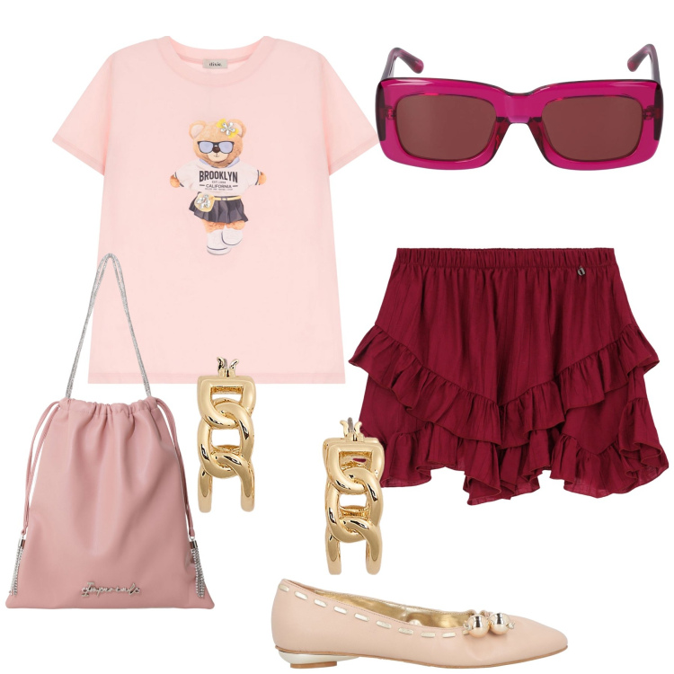 Outfit donna - Romanticismo sportivo. Stile Romantica per Tutti i giorni. Abbinamento con ballerine, borse a secchiello, t-shirt, minigonne, orecchini, occhiali da sole.