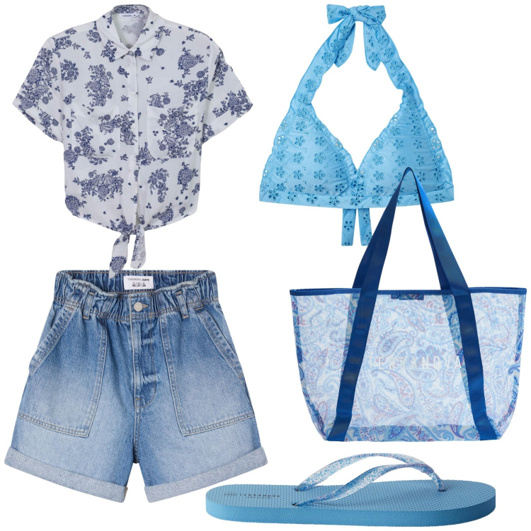 Outfit donna - Terranova Summer. Stile Trendy per Mare. Abbinamento con shorts, infradito, bikini, camicie, shopping bag.