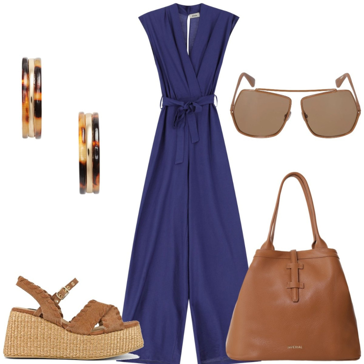 Outfit donna - In città. Stile Casual per Tutti i giorni. Abbinamento con borse tote, tute, orecchini, zeppe, occhiali da sole.