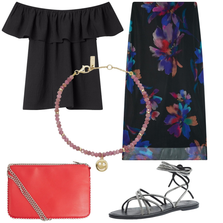 Outfit donna - Terranova Summer. Stile Boho per Serata fuori. Abbinamento con gonne lunghe, bluse, sandali alla schiava, borse a tracolla, braccialetti.
