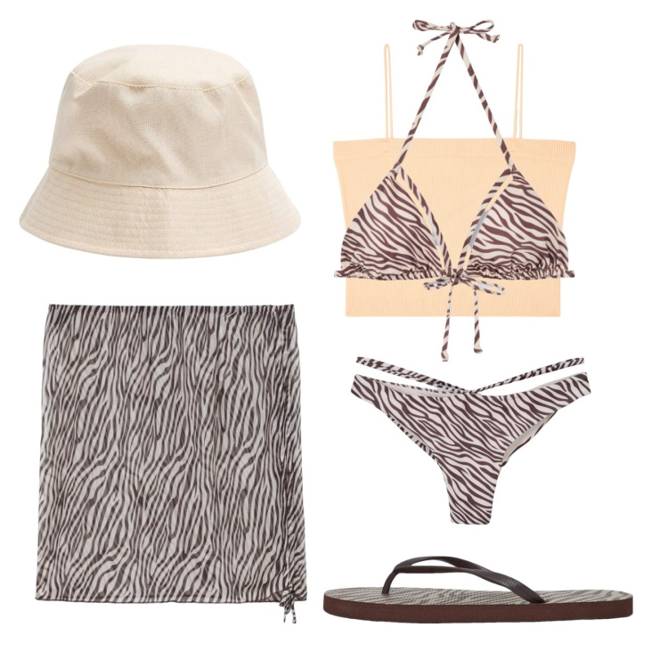 Outfit donna - Inspo safari. Stile Etnico per Mare. Abbinamento con bikini, infradito, vestiti da spiaggia, cappelli, bikini, canottiere.