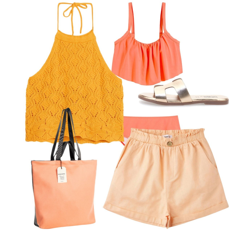 Outfit donna - Solleone. Stile Bon Ton per Mare. Abbinamento con bikini, top, pantaloni corti, borse tote, ciabatte.