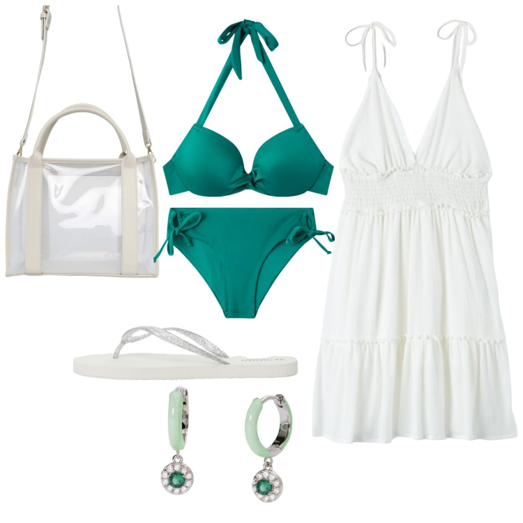Outfit donna - Terranova summer vibes. Stile Bon Ton per Mare. Abbinamento con bikini, bikini, borse tote, vestiti, infradito, orecchini.