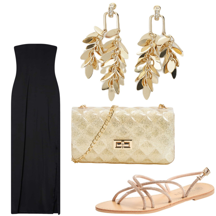 Outfit donna - Oro e nero. Stile Chic per Serata fuori. Abbinamento con borse a tracolla, sandali, vestiti lunghi, orecchini.