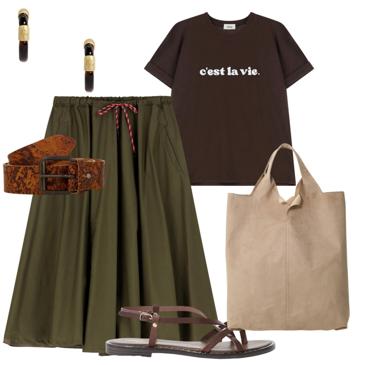 Outfit donna - Estate Dixie. per Tutti i giorni. Abbinamento con gonne longuette, t-shirt, cinture, shopping bag, sandali, orecchini.