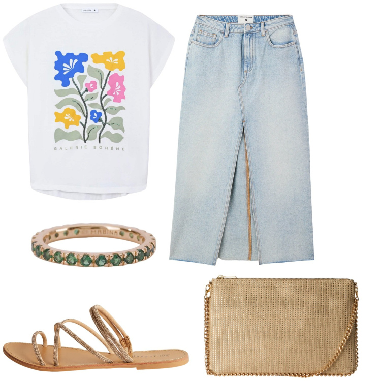 Outfit donna - Terranova Summer. Stile Basic per Tutti i giorni. Abbinamento con borse a tracolla, t-shirt, gonne lunghe, sandali, anelli.