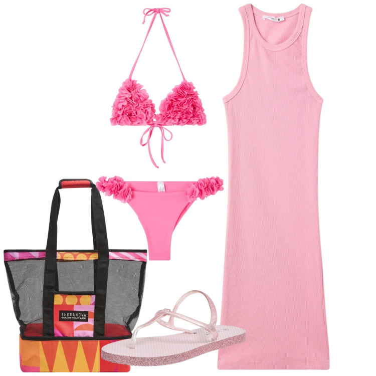 Outfit donna - Terranova in rosa. Stile Romantica per Mare. Abbinamento con bikini, vestiti corti, sandali, borse tote, bikini.