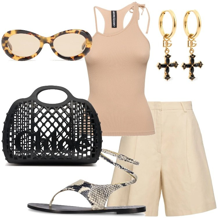 Outfit donna - LVR - Summer Vacation. Stile Trendy per Tutti i giorni. Abbinamento con shorts, canottiere, sandali in pelle, borse a mano, occhiali da sole, orecchini.