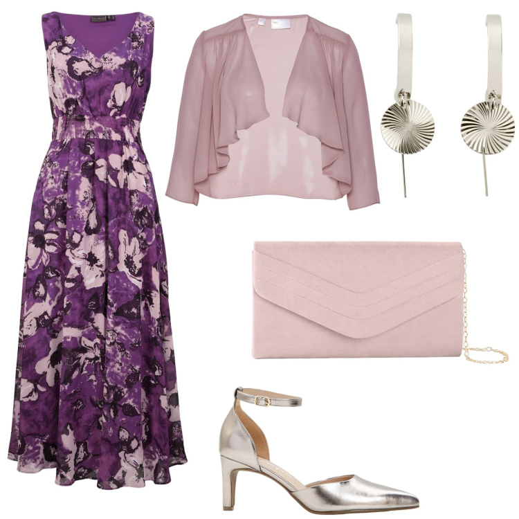 Outfit donna - Un romantico tramonto. Stile Romantica per Cerimonia. Abbinamento con vestiti lunghi, blazer, décolleté, pochette, orecchini.