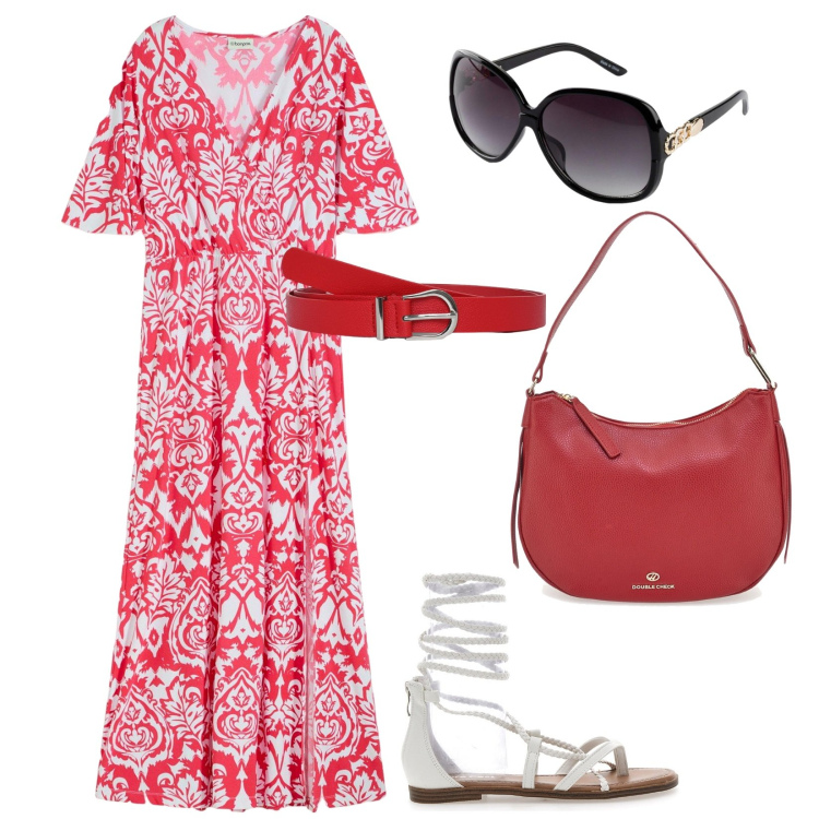Outfit donna - Con amiche. per Tutti i giorni. Abbinamento con occhiali da sole, vestiti, cinture, sandali alla schiava, borse a tracolla.