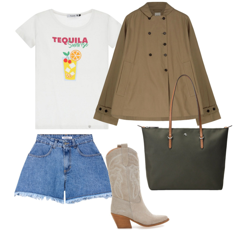 Outfit donna - Improvvisa pioggia. per Serata fuori. Abbinamento con shorts, t-shirt, borse tote, stivaletti texani, blazer.