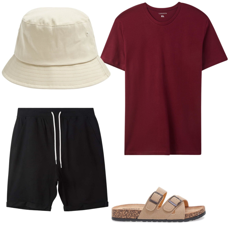 Outfit uomo - Praticità. per Tutti i giorni. Abbinamento con t-shirt, cappelli, pantaloni corti, sandali.