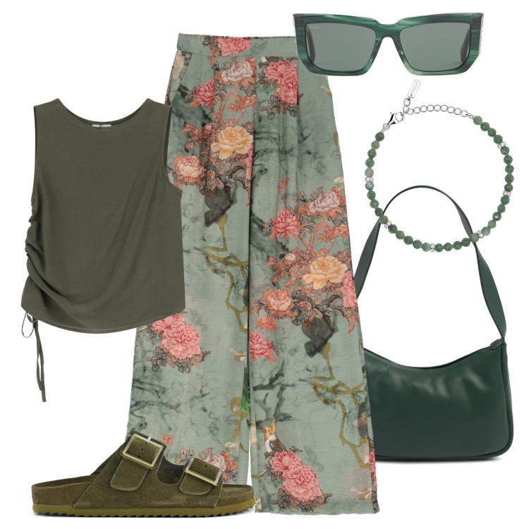 Outfit donna - Sfumature di verde. Stile Trendy per Tutti i giorni. Abbinamento con braccialetti, pantaloni, top, sandali, borse a spalla, occhiali da sole.