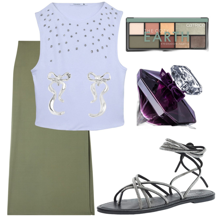 Outfit donna - Verde militare. Stile Urban per Tutti i giorni. Abbinamento con profumi, ombretti, sandali alla schiava, gonne lunghe, orecchini, top.