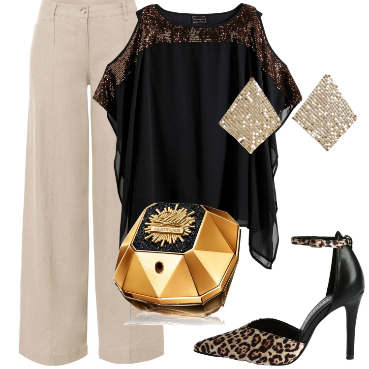 Outfit donna - Cena. Stile Trendy per Serata fuori. Abbinamento con tuniche, pantaloni a palazzo, profumi, décolleté, orecchini.