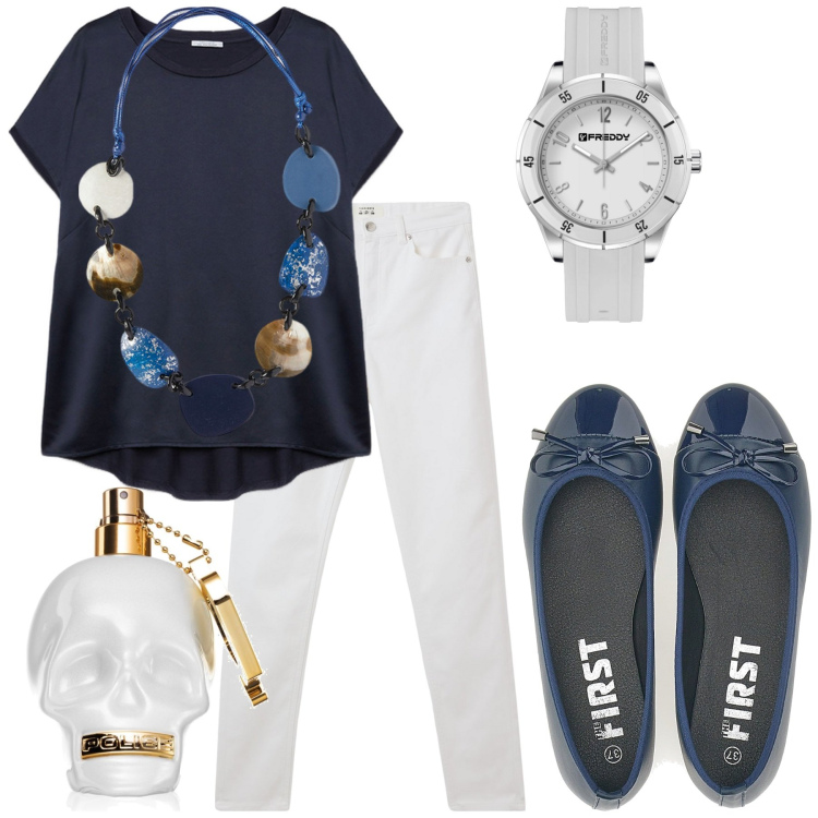 Outfit donna - La comodità di tutti i giorni. Stile Trendy per Ufficio. Abbinamento con profumi, pantaloni skinny, orologi, t-shirt, ballerine, collane.