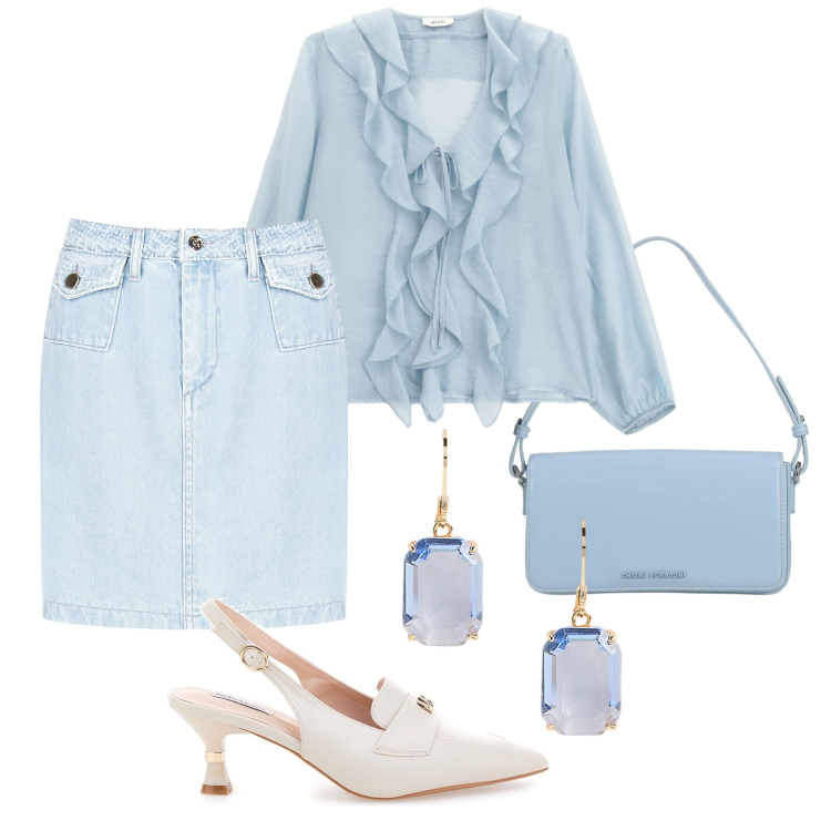 Outfit donna - La mini in jeans di sera. Stile Casual chic per Serata fuori. Abbinamento con borse a mano, minigonne, camicie, orecchini, décolleté.