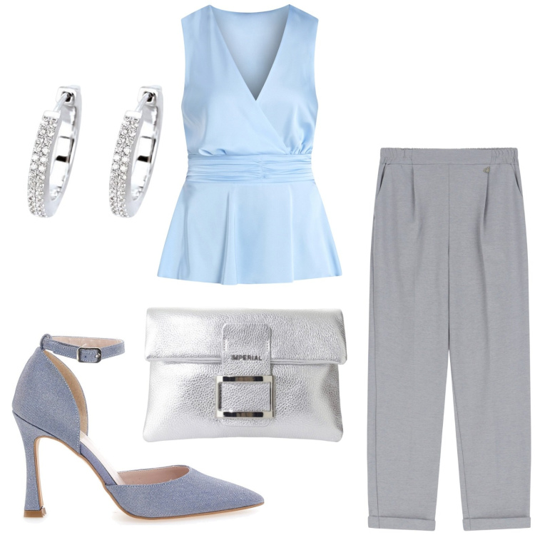 Outfit donna - Stile senza tempo. Stile Casual chic per Serata fuori. Abbinamento con orecchini, top, pochette, pantaloni, décolleté.