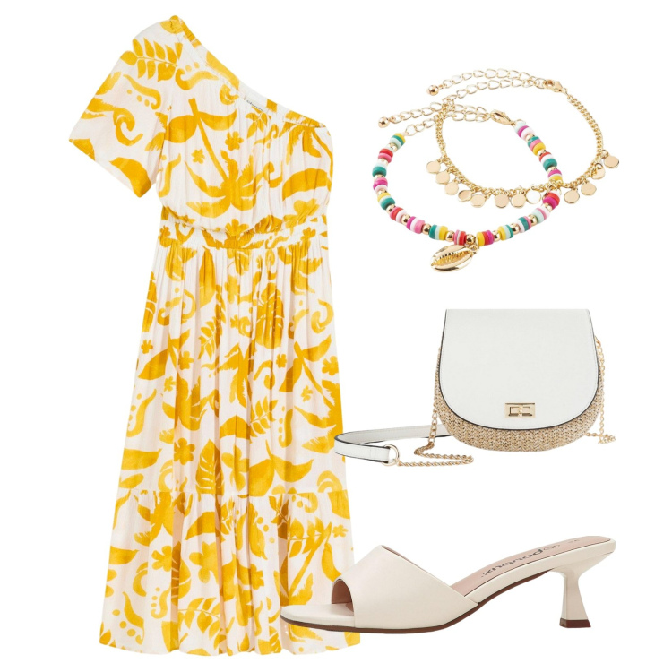 Outfit donna - Leggerezza!. Stile Minimal per Serata fuori. Abbinamento con borse a tracolla, ciabatte, vestiti asimmetrici, braccialetti con ciondoli.