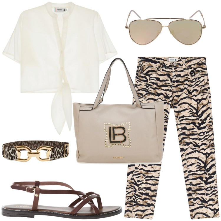 Outfit donna - Originale in città. Stile Minimal per Ufficio. Abbinamento con cinture, pantaloni chino, camicie a manica corta, sandali, borse a spalla, occhiali da sole.