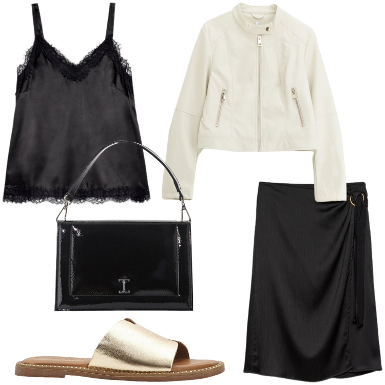 Outfit donna - Gonna e top. Stile Glamour per Serata fuori. Abbinamento con ciabatte, borse a tracolla, giacche, gonne longuette, canottiere.