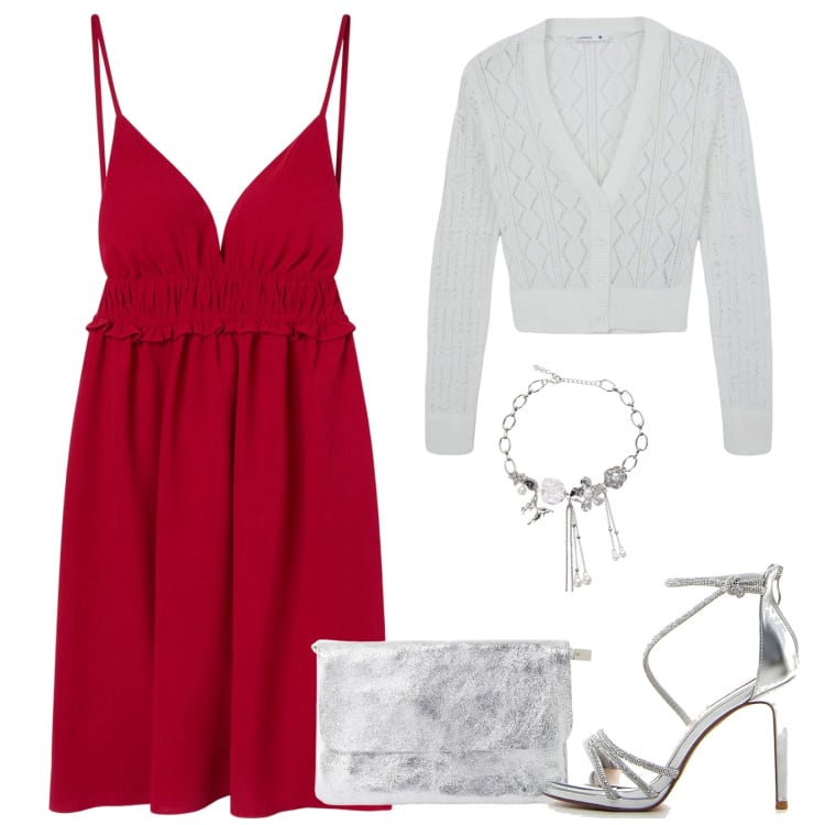 Outfit donna - Un vestito rosso. Stile Sexy per Serata fuori. Abbinamento con cardigans, vestiti corti, collane, borse a tracolla, sandali col tacco.